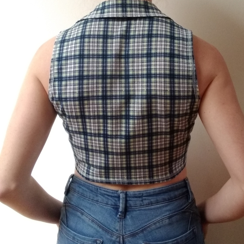 Vintage 90's Blue Plaid Knot Front Sleeveless Top - Picture 3 of 8
